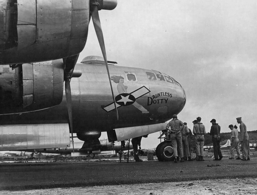 Boeing B-29 Superfortress Dauntless Dotty prepares for a bombing mission to Tokyo on an airfield on Saipan, November 1944. (U.S. Air Force Photograph.)