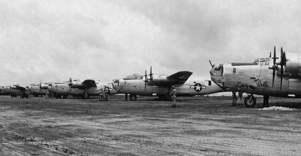 "Liberty Belle" and other Consolidated B-24 Liberators of the 7th Bomber Command photographed at Isley Airfield, Saipan in the Marianas, August 1944. (U.S. Air Force Photograph.)
