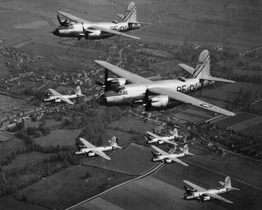 Formation of Martin B-26 Marauder medium bombers of the 597th BS, 397th BG of the 9th Air Force. (U.S. Air Force Photograph.)
