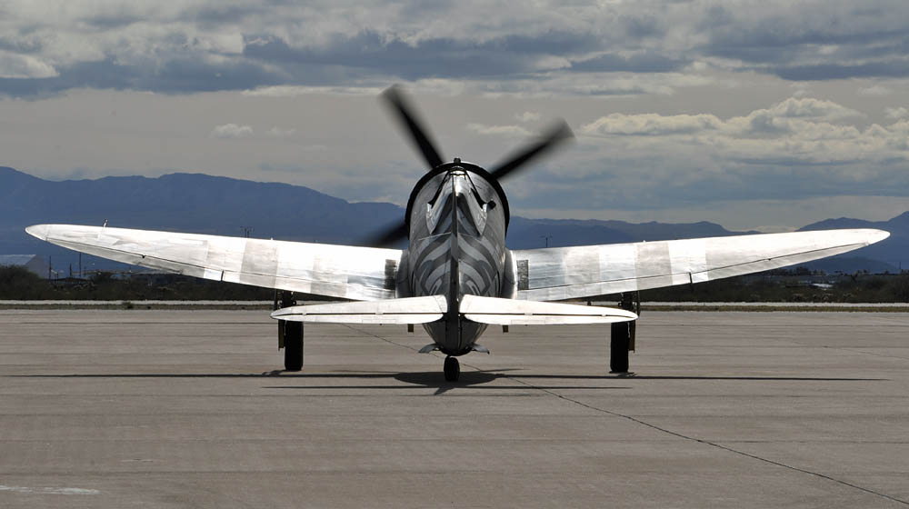 A P-47 Thunderbolt taxis at Davis-Monthan Air Force Base, Ariz., on March 2, 2014, during training for the U.S. Air Force Heritage Flight. (U.S. Air National Guard photograph by Master Sgt. Andrew J. Moseley / Released.)