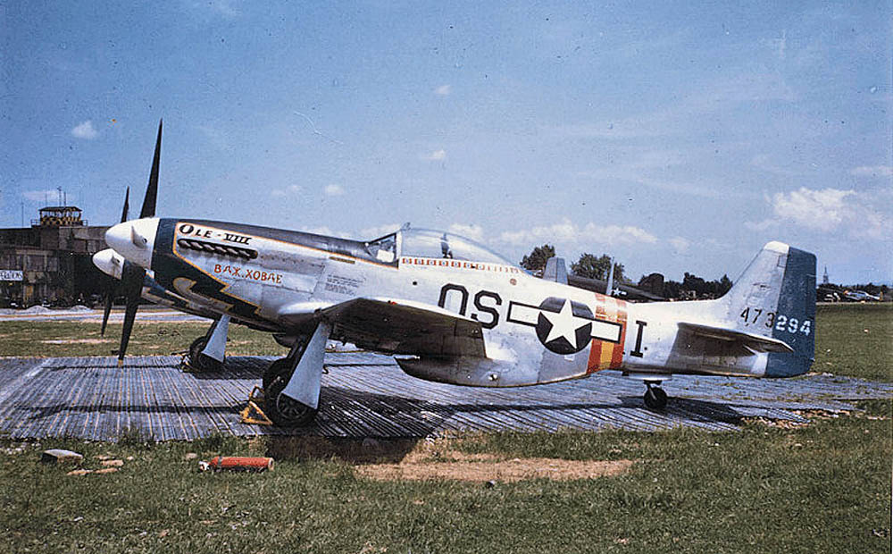 Color photograph of parked P-51D Mustangs of the 355th Fighter Group during World War II. (U.S. Air Force Photograph.)