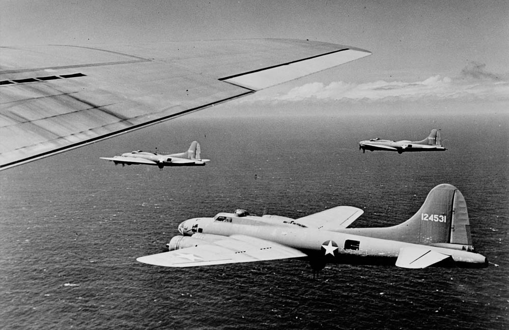 Boeing B-17F Flying Fortress aircraft of the 26th Bomb Squadron, 11th Bomb Group in formation over the Pacific in 1942. (U.S. Library of Congress Photograph.)