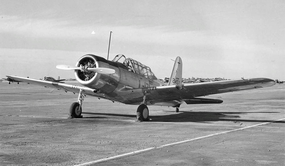 Vultee BT-13 Valiant basic trainer parked at Minter Field, California, March 1943. (U.S. Air Force Photograph.)