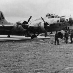 The B-17 Flying Fortress "Lady Jane" from the 613th BS, 401st BG is stuck at the edge of the runway, July 1944. (U.S. Air Force Photograph.)