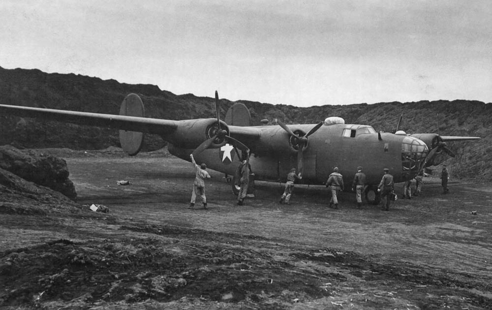 A Consolidated B-24 Liberator prepares for a mission, 27th Divisional Squadron, Umnak Island, Alaska. (U.S. Air Force Photograph.)