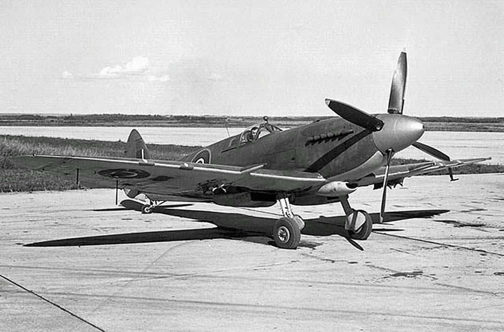 Photograph showing the sleek lines of a Royal Canadian Navy Supermarine Seafire Mk XV. (Royal Canadian Air Force Photograph.)