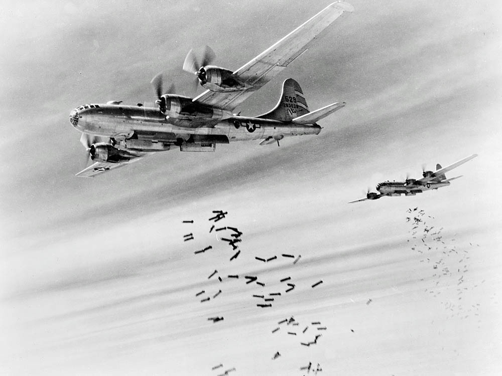 Boeing B-29 Superfortresses of 468th Bombardment Group, XX Bomber Command attack Rangoon, Burma in March 1945. (U.S. Library of Congress Photograph.)