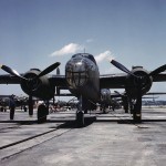 Color photograph of B-25 Mitchell medium bombers awaiting delivery at North American Aviation factory in Kansas City, Kansas. (U.S. Office of War Information Photograph.)