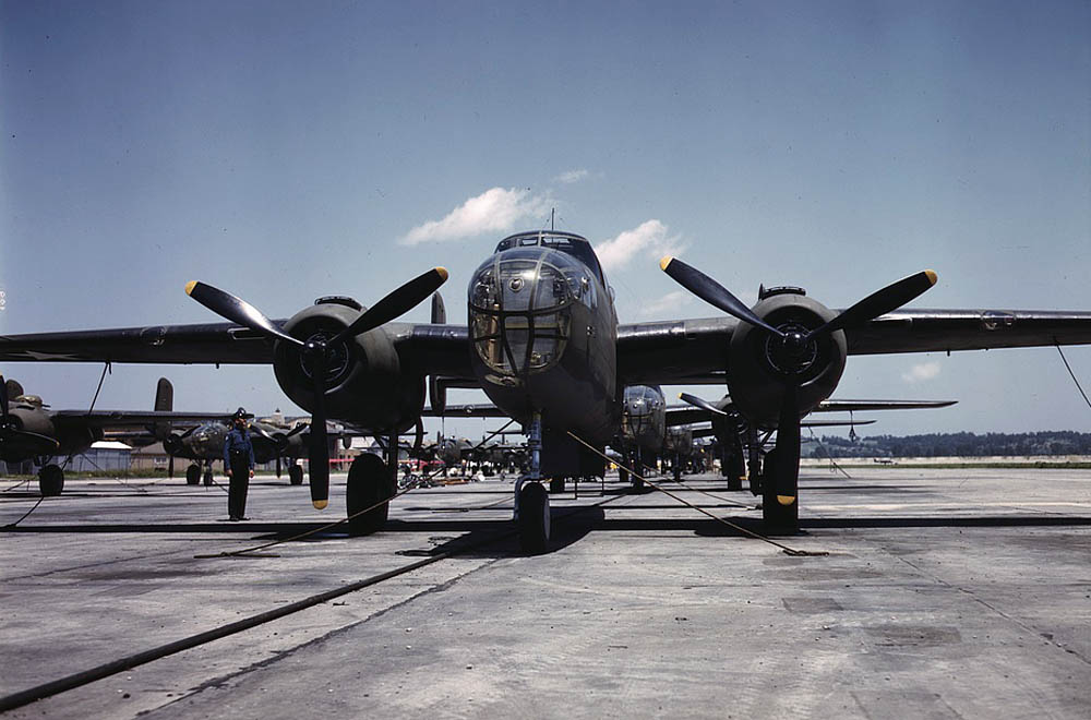 Color photograph of B-25 Mitchell medium bombers awaiting delivery at North American Aviation factory in Kansas City, Kansas. (U.S. Office of War Information Photograph.)