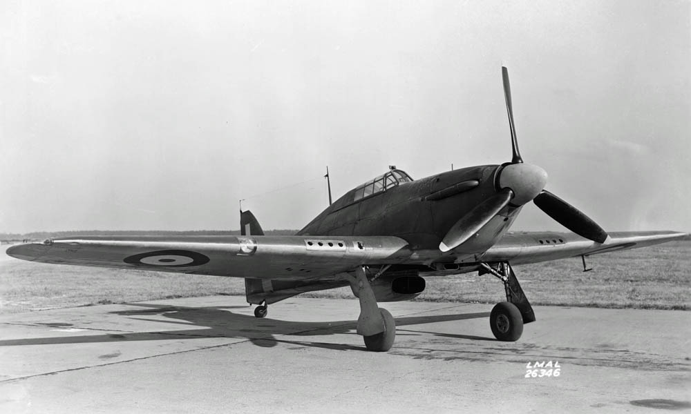 A British Hawker Hurricane IIA fighter was used for evaluation of stability and flight control at NACA Langley Research Center, Virginia. (NASA Photograph.)