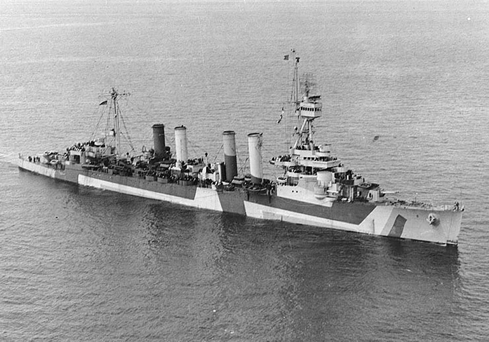 A camouflaged U.S. Navy Omaha-class light cruiser USS Detroit (CL-8) off Port Angeles, Washington in April 1944. (U.S. Navy Photograph.)