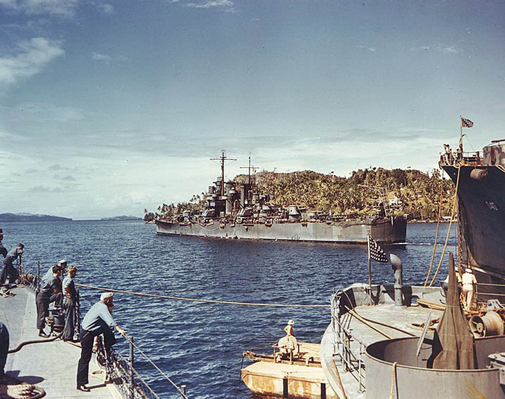 U.S. Navy light cruiser USS Saint Louis (CL-49) photographed at Tulagi, Solomon Islands in 1943. For her role during the attack on Pearl Harbor, the USS Saint Louis was nicknamed the Lucky Lou. (U.S. Navy Photograph.)