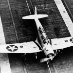 Top view of a Vought SB2U-1 Vindicator dive bomber on the flight deck of the aircraft carrier USS Saratoga. (U.S. Navy Photograph.)