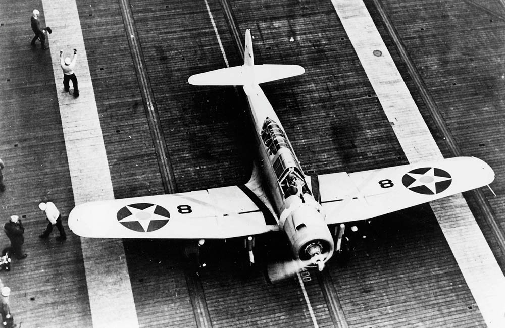 Top view of a Vought SB2U-1 Vindicator dive bomber on the flight deck of the aircraft carrier USS Saratoga. (U.S. Navy Photograph.)