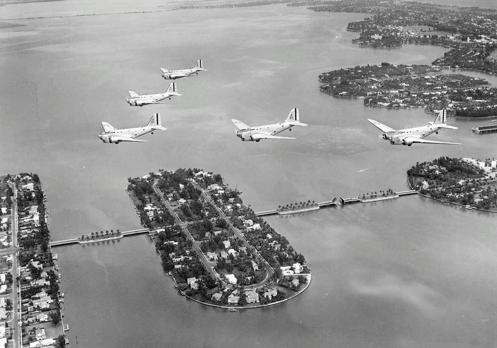 A formation of Douglas B-18A Bolo medium bombers flying over Miami, Florida on Army Day, April 1940. (U.S. Air Force Photograph.)