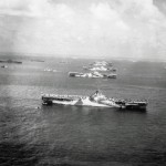 U.S. Navy ships at anchor off Ulithi Atoll in the Caroline Islands including the USS Wasp, USS Yorktown, USS Hornet, USS Hancock, USS Ticonderoga and USS Lexington. (U.S. Navy Photograph.)