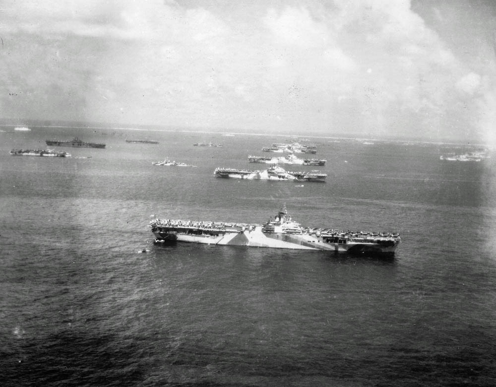 U.S. Navy ships at anchor off Ulithi Atoll in the Caroline Islands including the USS Wasp, USS Yorktown, USS Hornet, USS Hancock, USS Ticonderoga and USS Lexington. (U.S. Navy Photograph.)