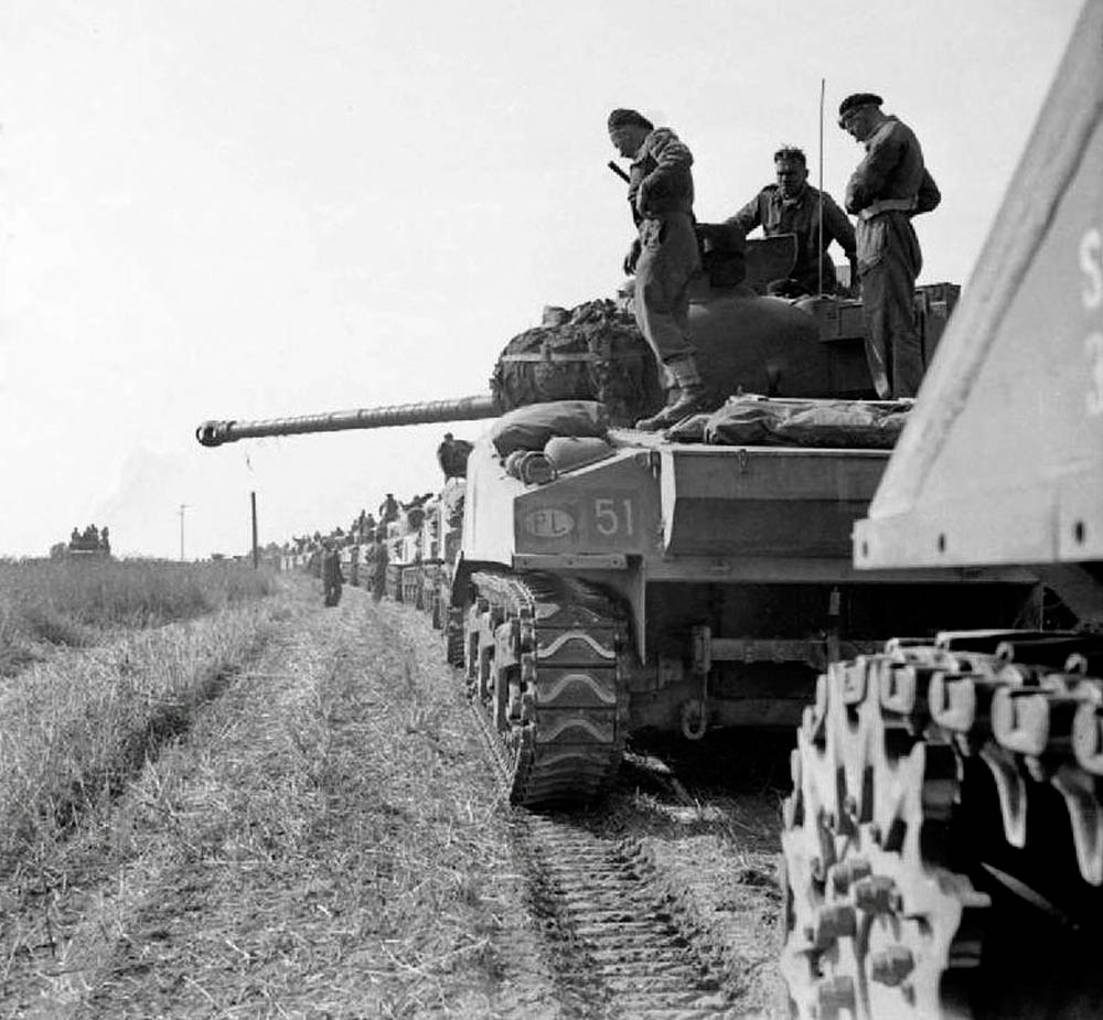 Lineup of M4 Sherman tanks of the 1st Polish Armoured Division during Operation Totalize in the Normandy Campaign, August 1944. (Imperial War Museum Photograph.)