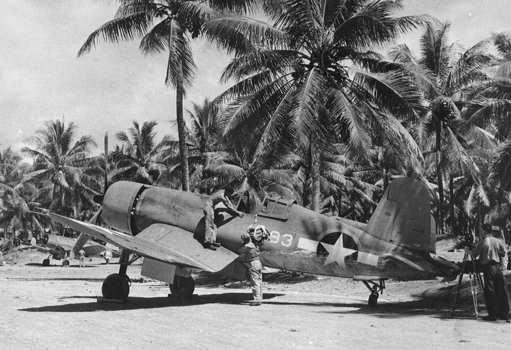 F4U-1 Corsair fighter of VMF-214 parked at Turtle Bay airfield on Espiritu Santo island during WWII. (U.S. Navy Photograph.)