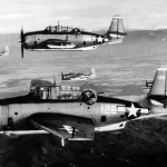 TBM Avengers -- of VT-4 USS Essex (CV-9) -- fly in formation, January 1945. (U.S. National Archives Photograph.)