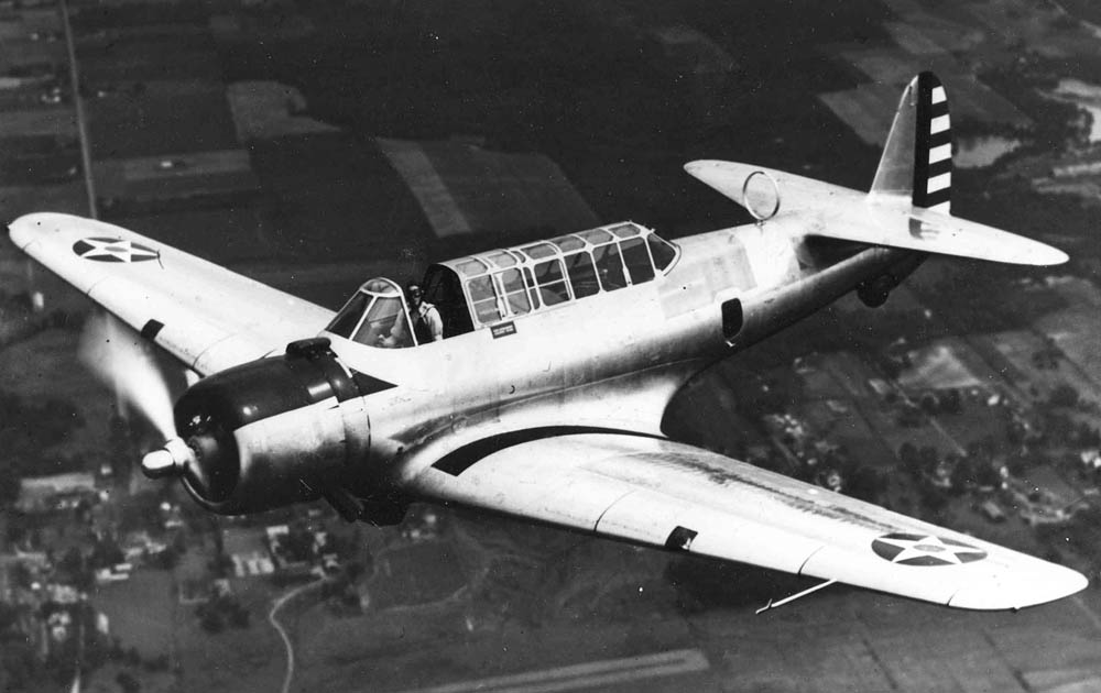 The Vultee YA-19 (Vultee V-11) attack aircraft flying in U.S. Army Air Corps service. (U.S. Air Force Photograph.)