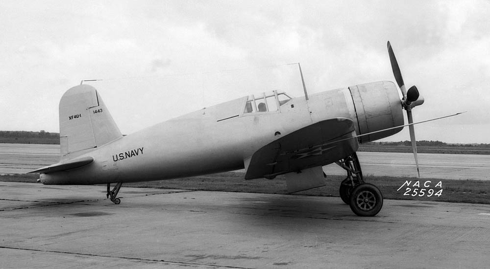 The Chance Vought XF4U-1 Corsair prototype photographed during testing at the National Advisory Committee for Aeronautics (NACA), Langley Research Center in Hampton, Virginia in 1941. (NASA Photograph.)