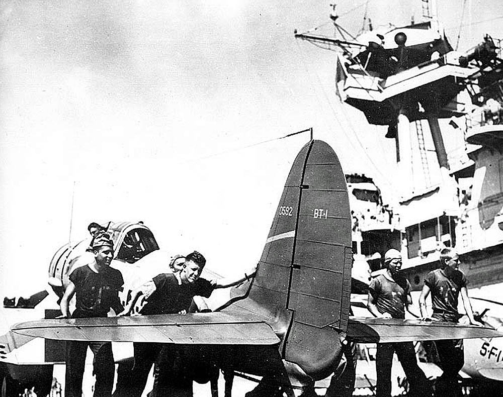 A Northrop BT-1 dive bomber of Bombing Squadron Five (VB-5) photographed on the flight deck of the USS Yorktown (CV-5). (U.S. Navy Photograph.)