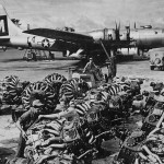 New engines for the B-29 Superfortresses of the 20th Air Force are piled on the airfield on Guam. (U.S. Air Force Photograph.)