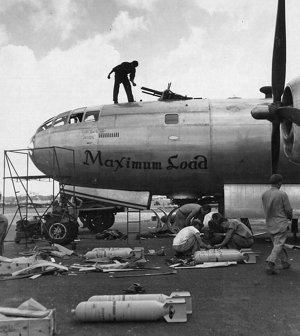 The Boeing B-29 Superfortress "Maximum Load" of the 314th Bomb Wing is prepared for a mission at North Field, Guam, April 1945. (U.S. Air Force Photograph.)