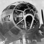 A closeup view of the nose of the B-29 Superfortress named "Fleet Admiral Nimitz" after its landing at Guam, 1945.