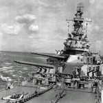The battleship USS Iowa (BB-61) shows a fine view of her front turrets during the Marshall Islands Campaign. (U.S. Navy Photograph.)