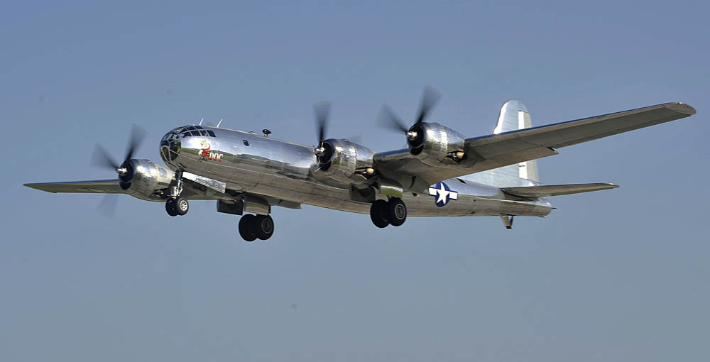 The B-29 Superfortress known as "Doc" flies over McConnell Air Force Base, Kansas on July 17, 2016. This was the B-29 aircraft's first flight after being used by the U.S. Navy as a target for training in the Mojave Desert for over forty years.