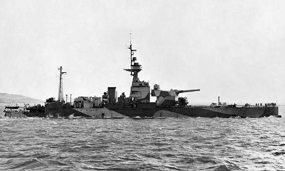 HMS Erebus, the Royal Navy monitor, photographed in 1944 during service in World War II.