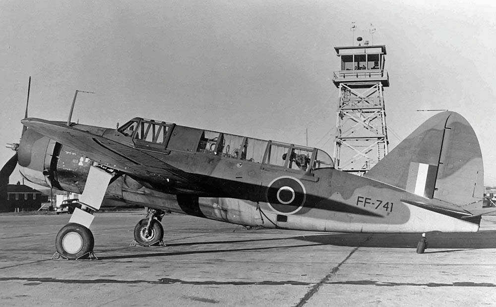 A side view of a Royal Air Force Brewster Bermuda I waiting on an airfield. (U.S. Air Force Photograph.)