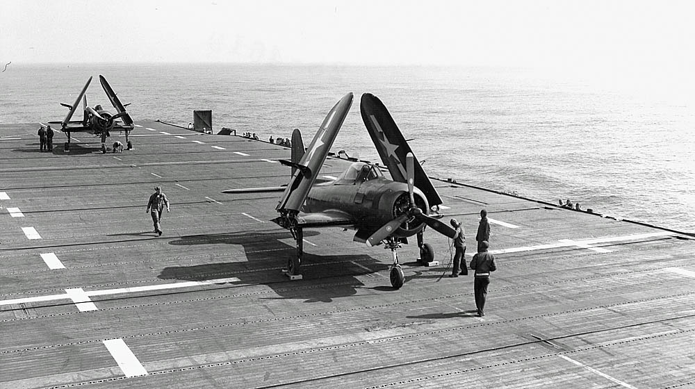 Ryan FR-1 Fireball aircraft of U.S. Navy Fighter Squadron 66 (VF-66) aboard the aircraft carrier USS Ranger (CV-4) in May 1945. (U.S. Navy Photograph.)