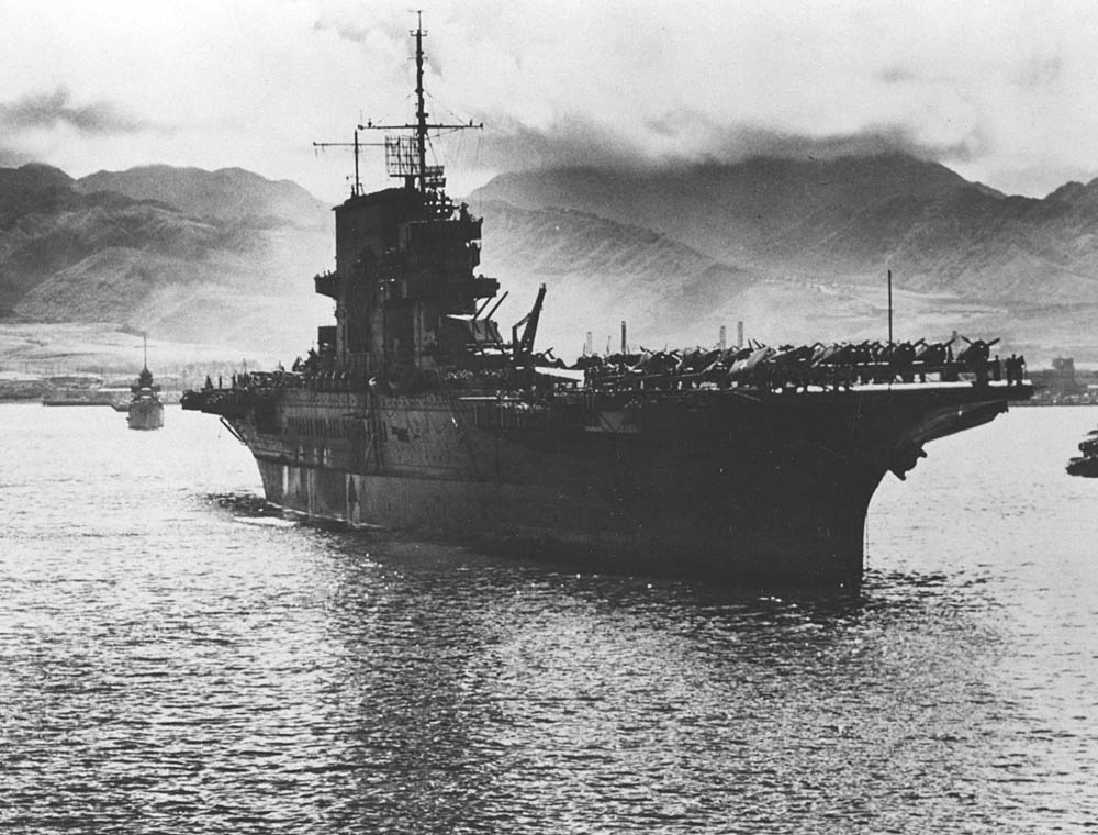 The U.S. Navy aircraft carrier USS Saratoga (CV-3) arrives at Pearl Harbor in June 1942. (Official U.S. Navy Photograph.)