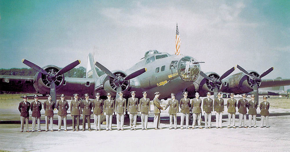A group of senior pilots pose in front of a B-17 Flying Fortress from the 325th Bomb Squadron, 92nd Bomb Group at Alconbury Airfield in June 1943. (U.S. Army Air Forces Photograph.)