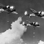 Beech AT-11 Kansans from the U.S. Army Air Forces fly a training mission from an advanced flying school dropping practice bombs near Carlsbad, New Mexico in February 1943. (U.S. Army Air Forces Photograph.)