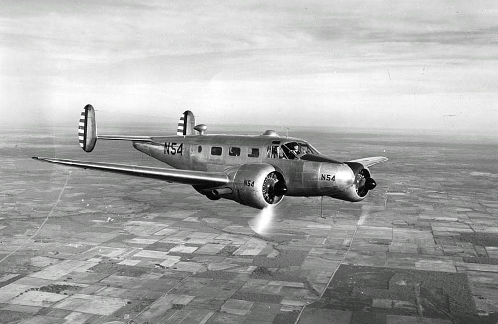 A Beechcraft AT-7 advanced trainer flying student navigators at Kelly Field, Texas. (U.S. Air Force Photograph.)