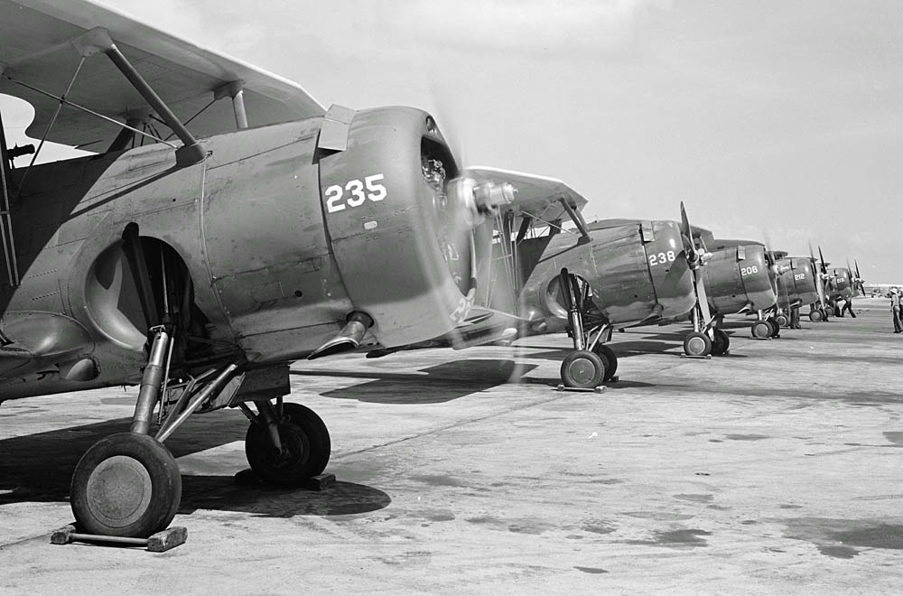 A row of Curtiss SBC Helldiver dive bombers being used for training at the U.S. Navy Naval Air Station Corpus Christi in August 1942. (U.S. Library of Congress Photograph.)