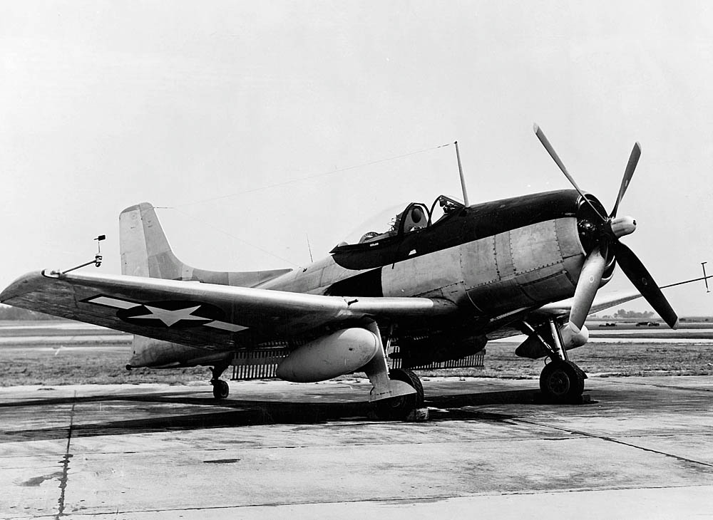 The first production Kaiser-Fleetwings XBTK-1 dive and torpedo bomber photographed on the ground carrying a drop tank and radar in 1945. Only five prototypes of the XBTK were built before the program was cancelled. (U.S. Navy Photograph.)