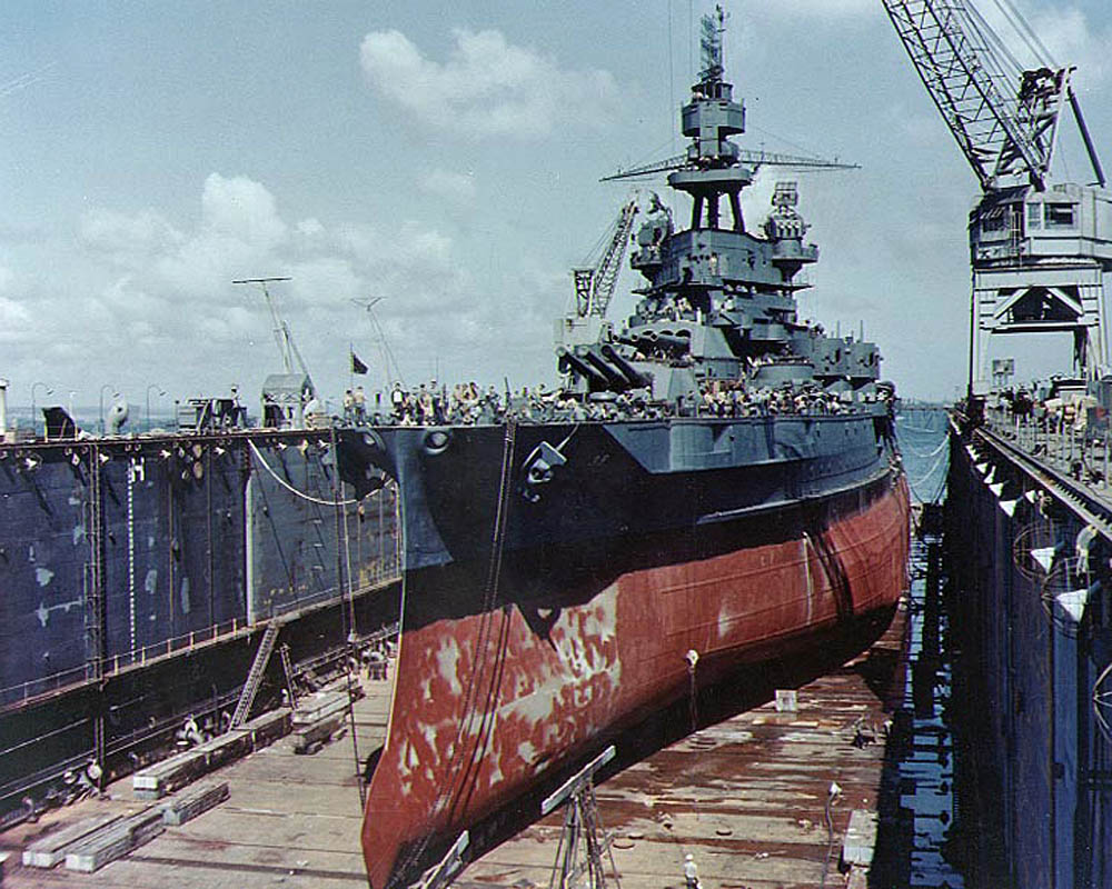 The U.S. Navy battleship USS Pennsylvania (BB-38) photographed docked in an Advanced Base Sectional Dock (ABSD) in the Pacific during 1944. (Official U.S. Navy Photograph.)