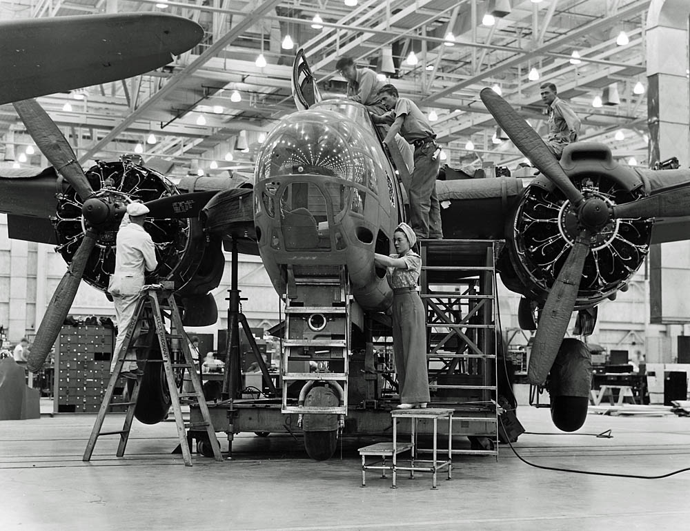 Final production assembly of an A-20 attack bomber at Douglas Aircraft factory in Long Beach, California in late 1942. (U.S. National Archives Photograph.)