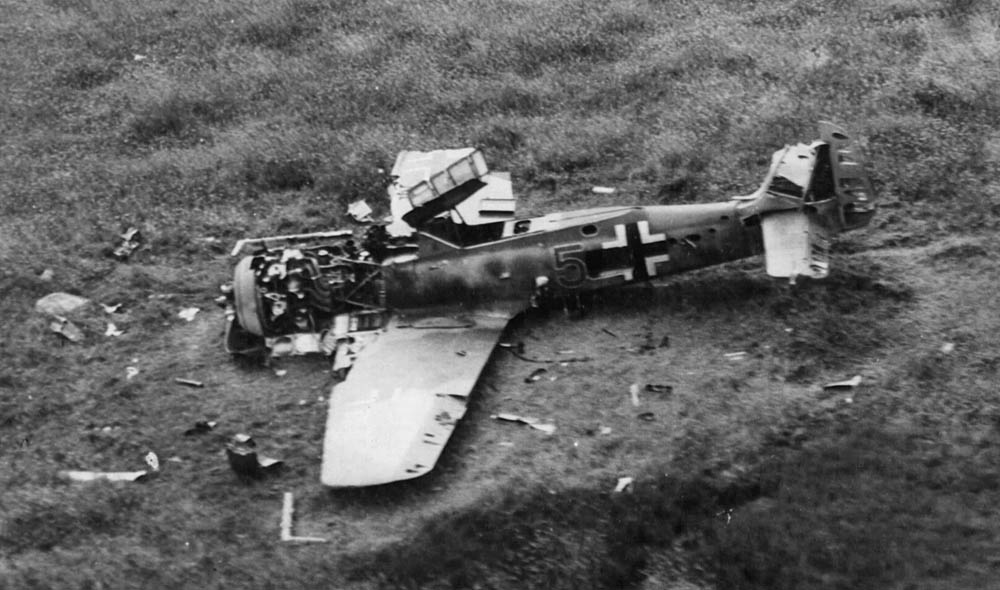 A Luftwaffe FW 190 fighter shot down by 9th Air Force Mustangs over the American sector in Normandy in July 1944. (U.S. Air Force Photograph.)