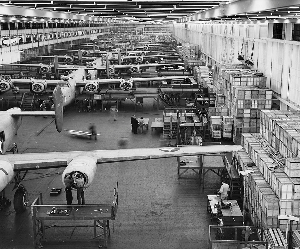 B-24 Liberators roll off the assembly line at Ford's Willow Run plant in Michigan. (U.S. National Archives Photograph.)