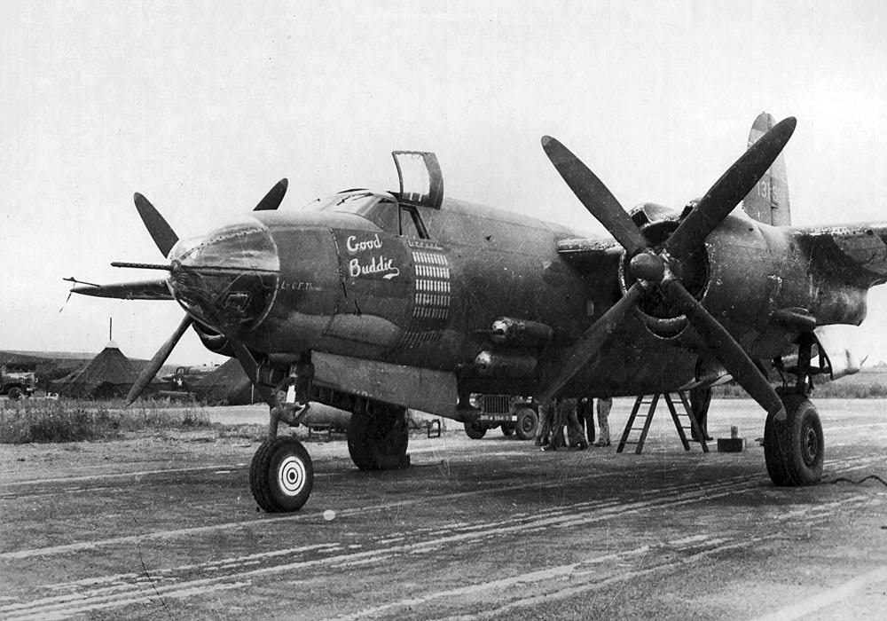 B-26 Marauder, Good Buddie, from the 554th Bombardment Squadron, 386th Bombardment Group photographed at RAF Boxted in 1943. (U.S. Air Force Photograph.)