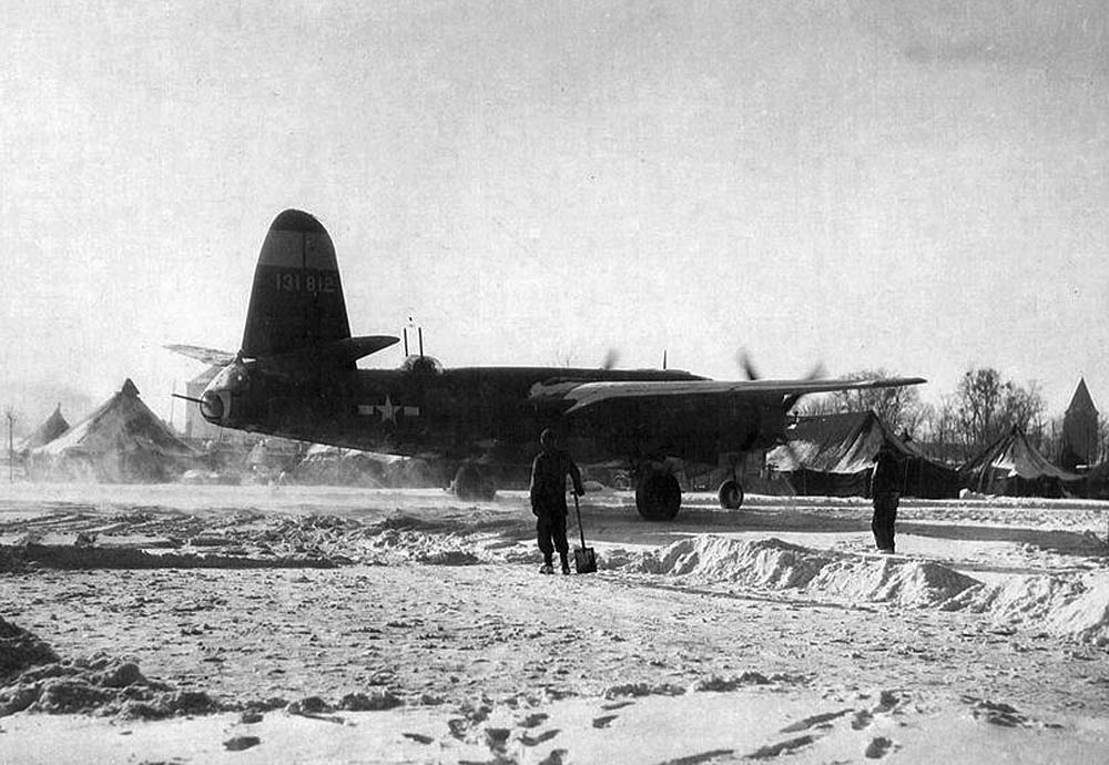 Martin B-26B Marauder of 554th BS, 386th BG or 9th Air Force at Beaumont-sur-Oise Airfield (A-60) in France in January 1945. (United States Army Air Forces Photograph.)