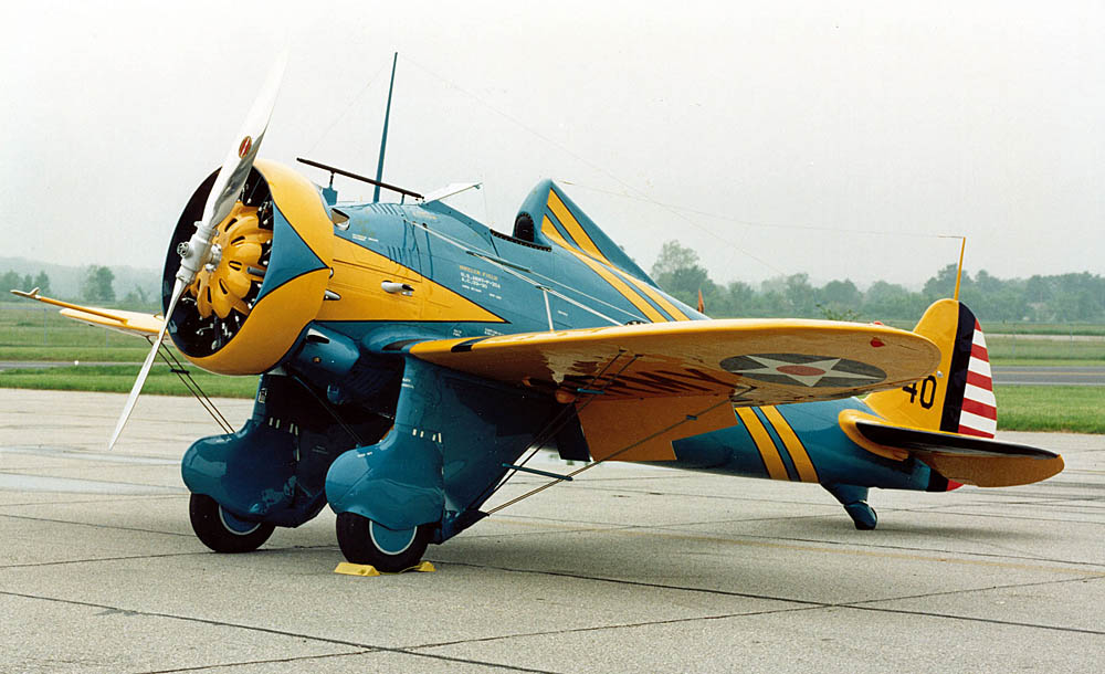 A Boeing P-26A Peashooter reproduction photographed at the National Museum of the United States Air Force in Dayton, Ohio. The P-26A reproduction is painted to represent the commander's aircraft of the 19th Pursuit Squadron, 18th Pursuit Group stationed at Wheeler Field, Hawaii in 1938. (U.S. Air Force Photograph.)