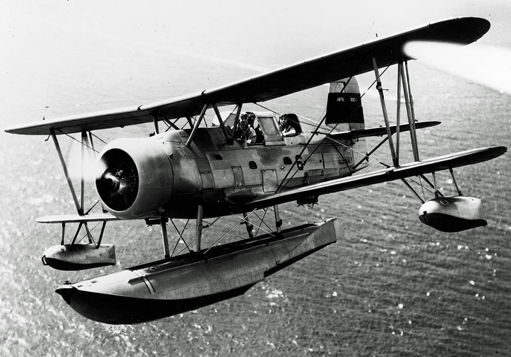 A Curtiss SOC-1 Seagull scout-observation biplane in flight in July 1939. (U.S. Navy Photograph.)