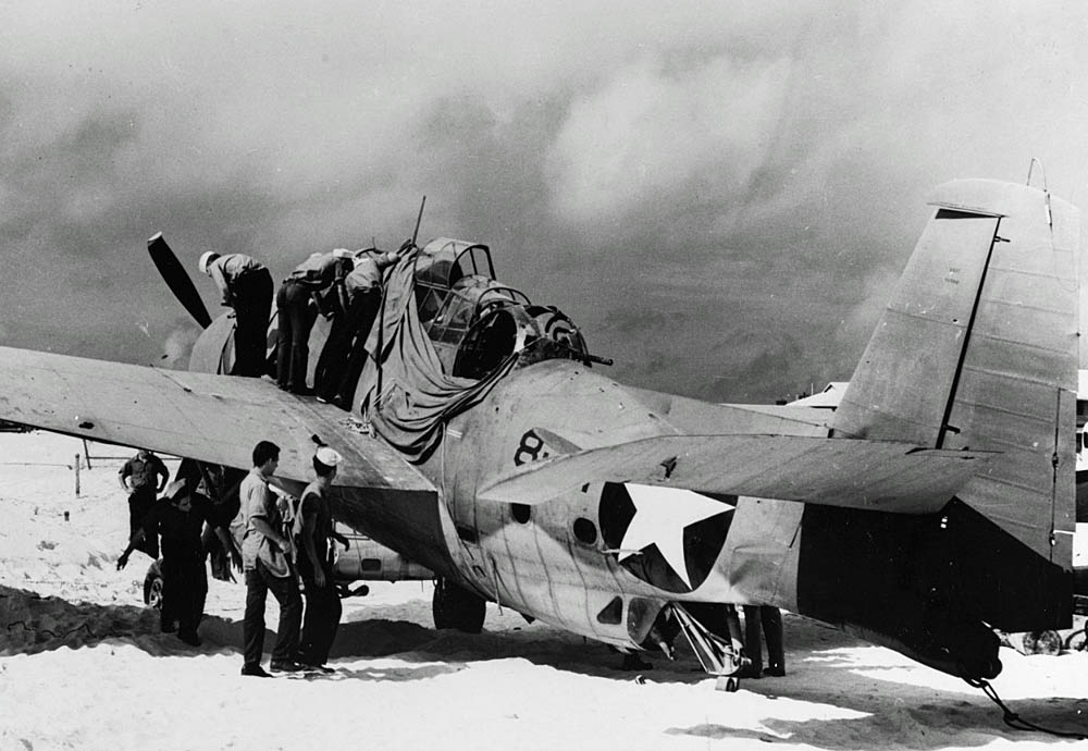 A Grumman TBF-1 Avenger from Torpedo Squadron Eight (VT-8) photographed on Midway Island in June 1942 after VT-8's attack on the Japanese fleet. (Official U.S. Navy Photograph.)